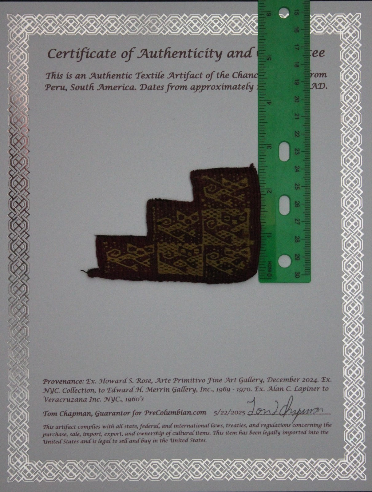 Pre Columbian Authentic Artifact Frameable Textile Border Chancay Peru COA 05