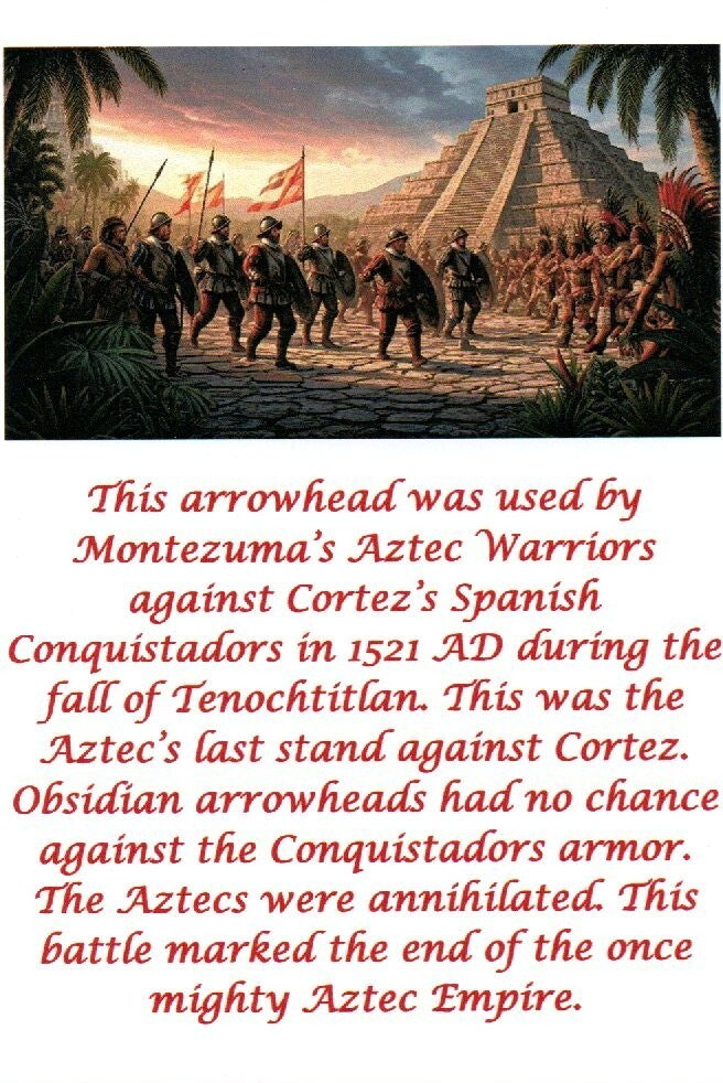 Authentic Pre Columbian Artifact Aztec Arrowhead Battle of Mexico City COA 72