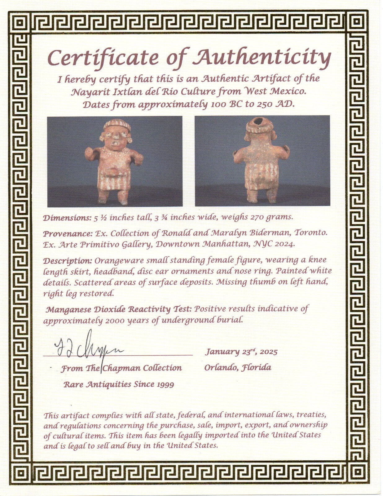 Authentic Pre Columbian Artifact Nayarit Ixtlan Figure Arte Primitivo COA T114