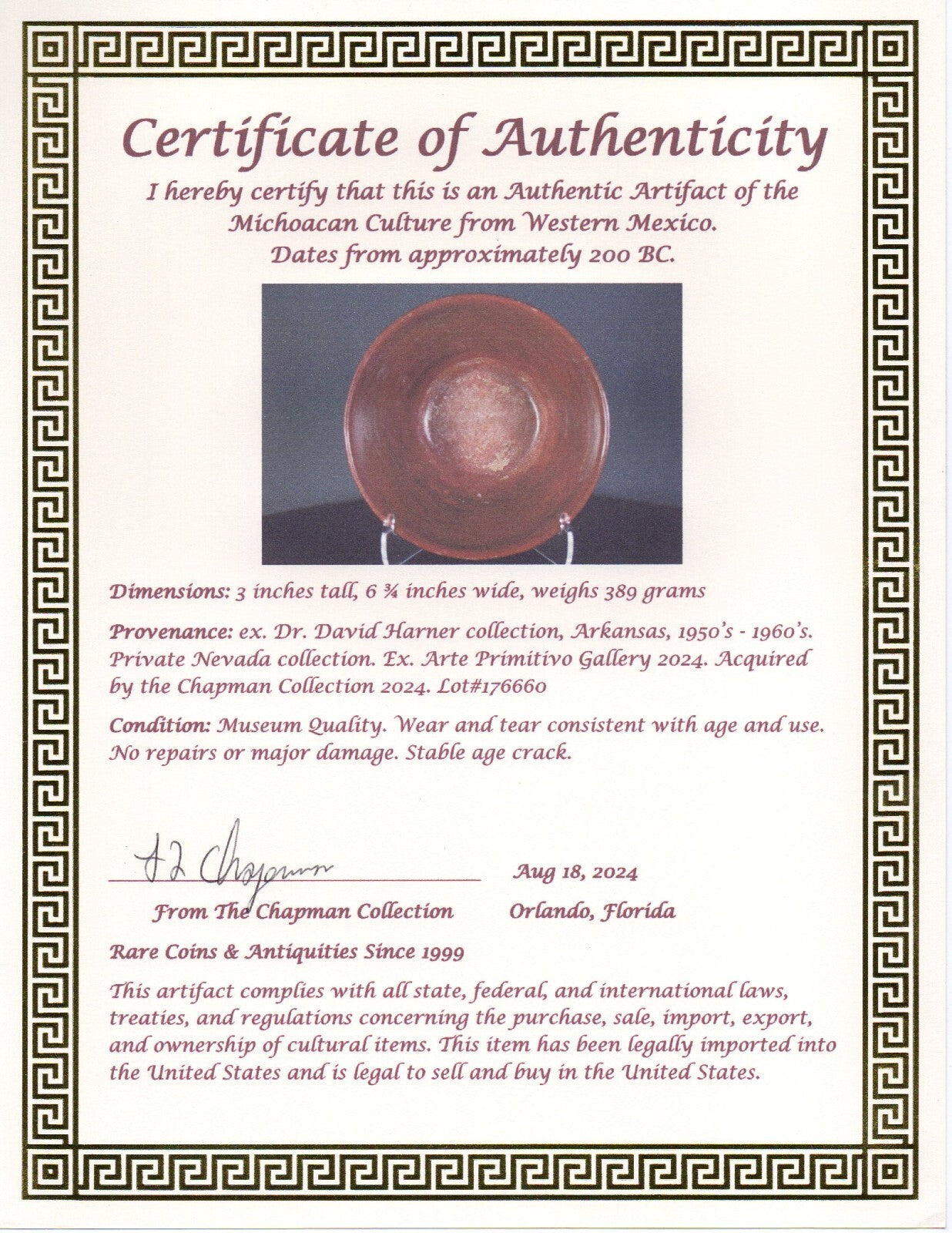 Authentic Pre Columbian Artifact Decorated Bowl Michoacan Arte Primitivo COA T49