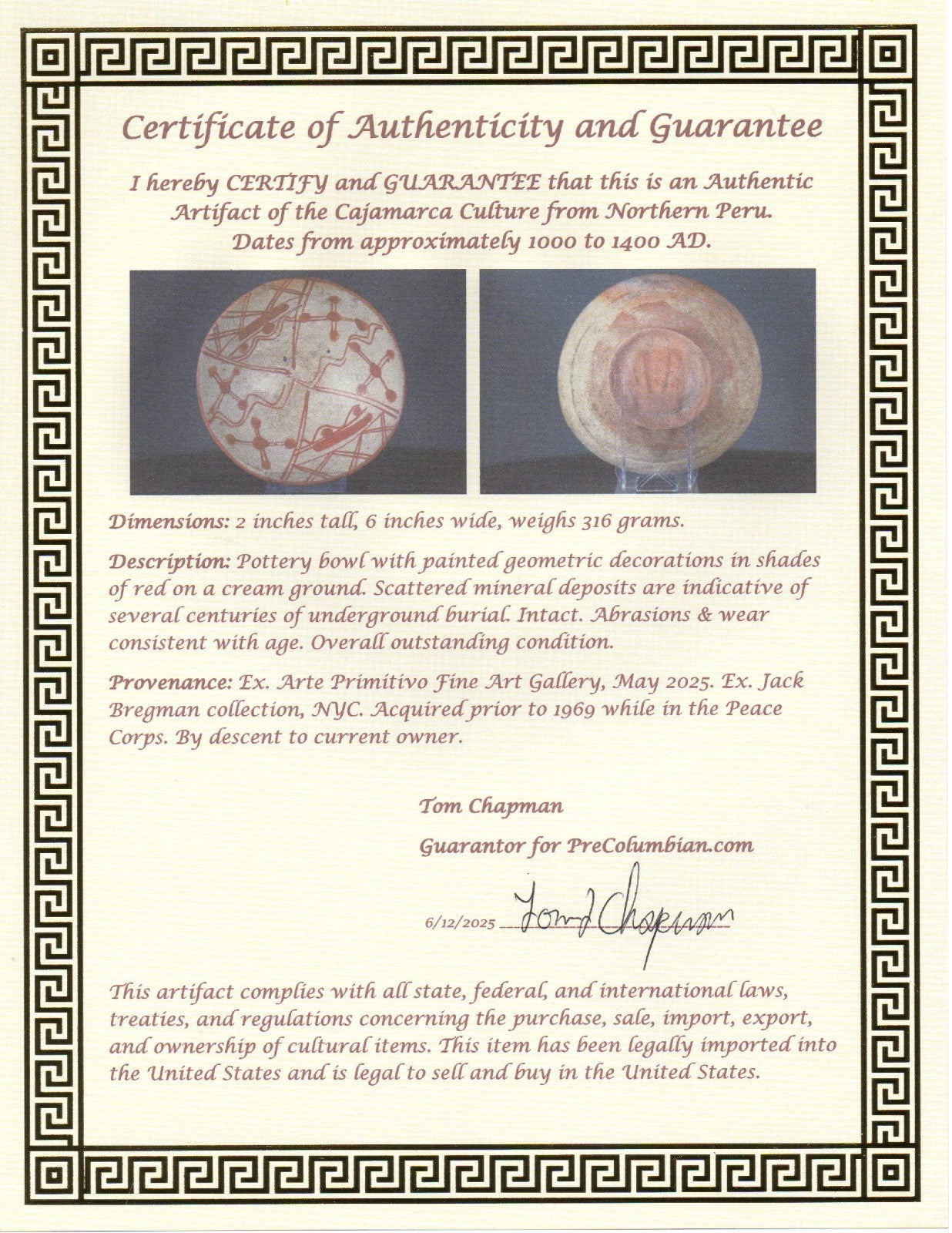 Authentic Pre Columbian Artifact Decorated Bowl Cajamarca Peru Pre Inca COA 207