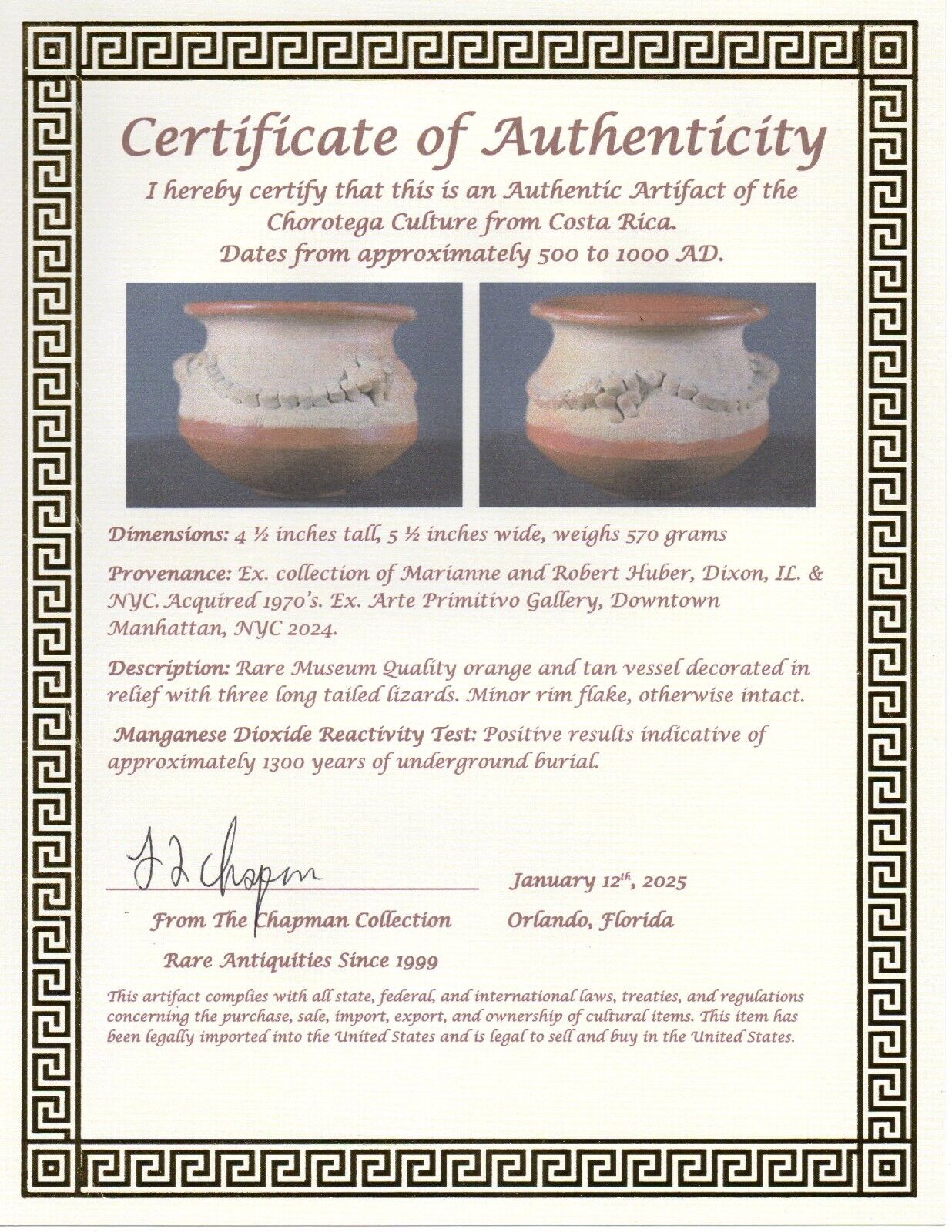 Authentic Pre Columbian Artifact Lizard Jar Chorotega Ex Arte Primitivo COA T120