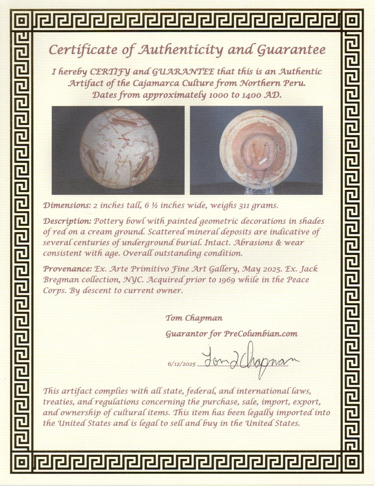 Authentic Pre Columbian Artifact Decorated Bowl Cajamarca Peru Pre Inca COA 208