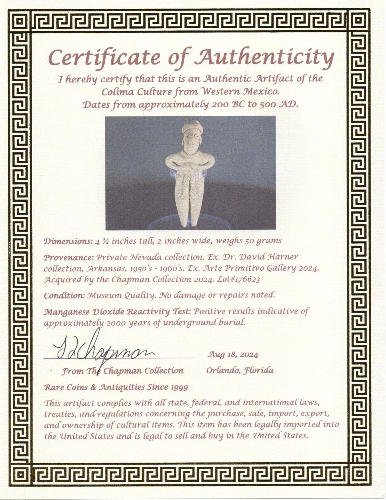 Authentic Pre Columbian Artifact Tomb Figure Colima Ex Arte Primitivo COA T96