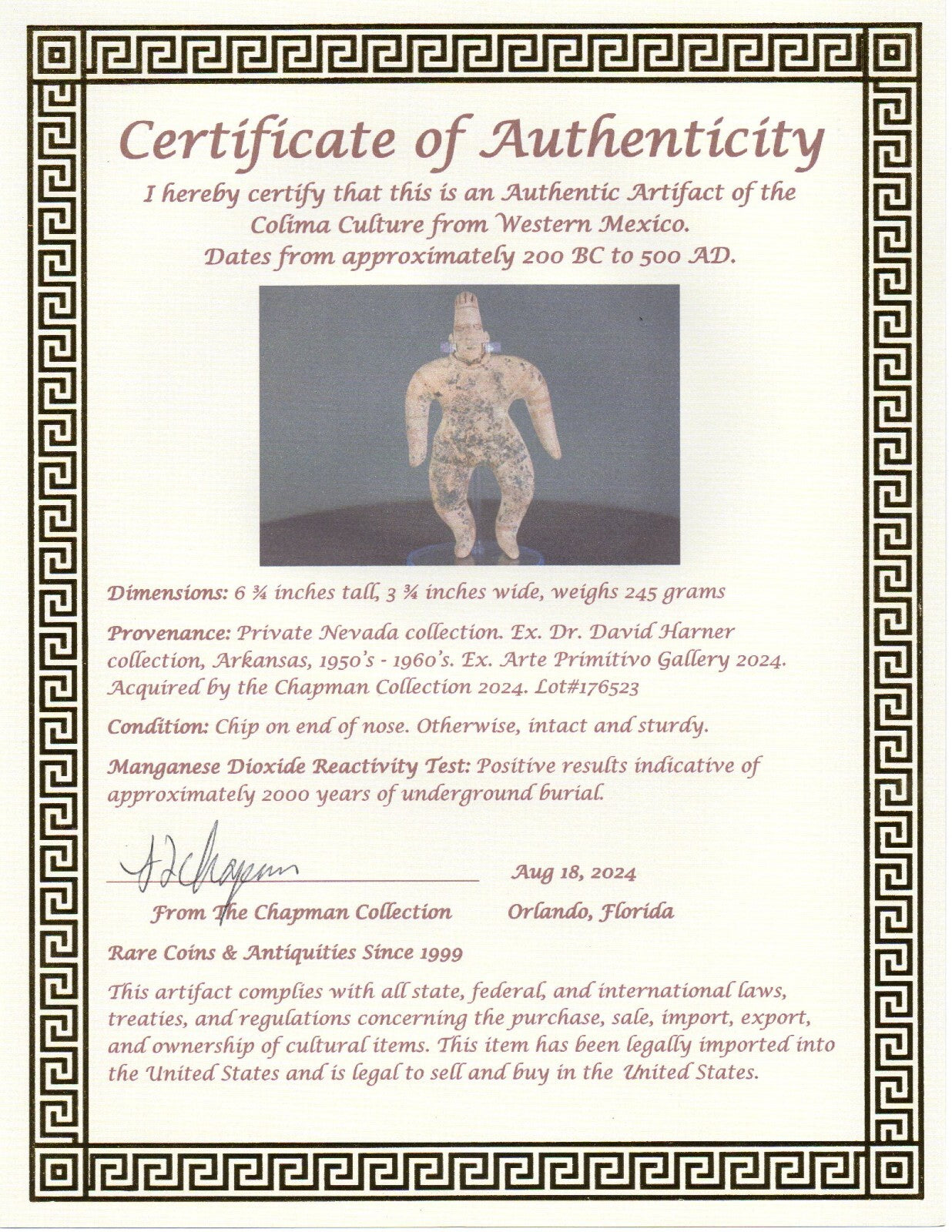 Authentic Pre Columbian Artifact Tomb Figure Colima Ex Arte Primitivo COA T61