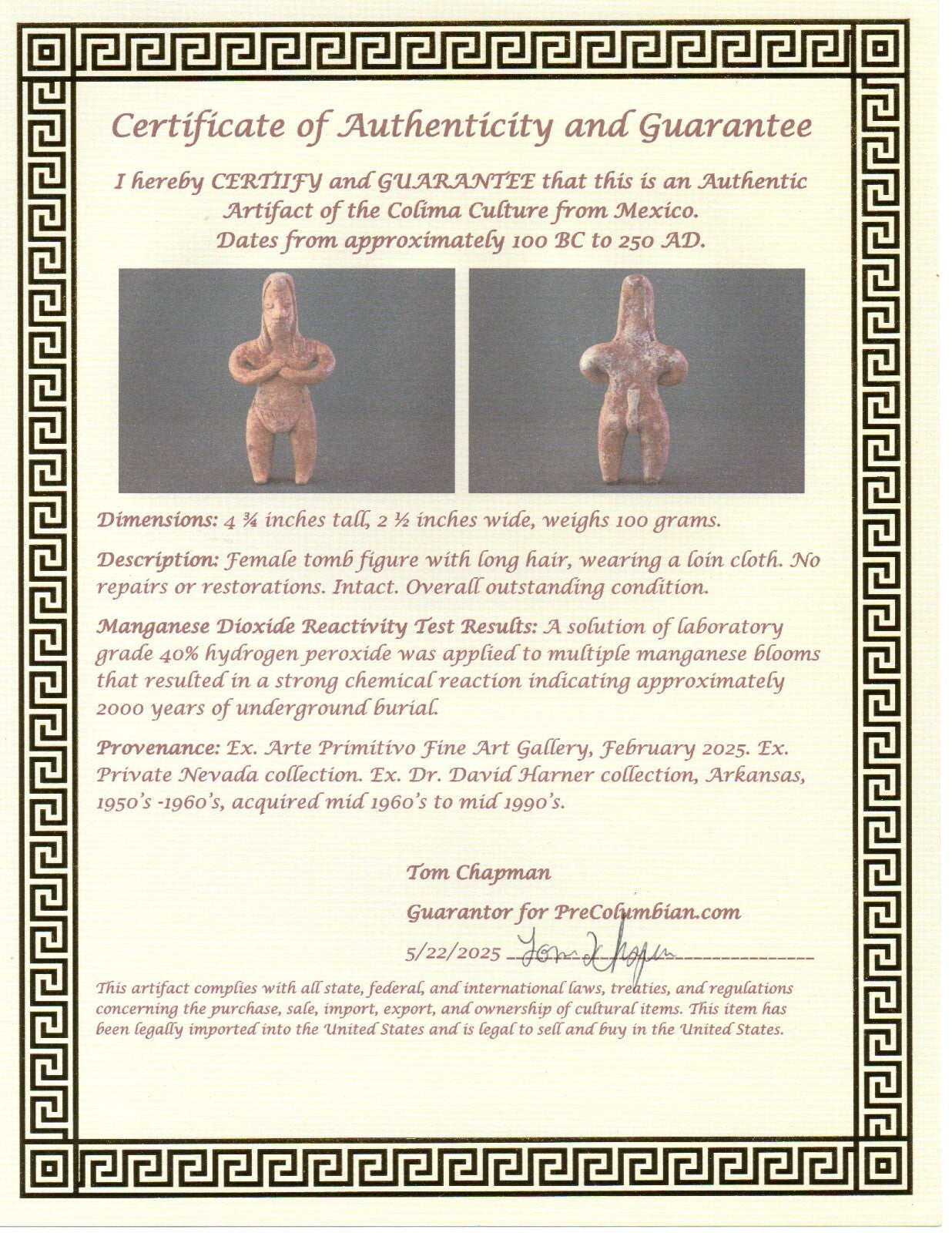 Pre Columbian Authentic Artifact Pretty Lady Tomb Figure Colima Mexico COA 176