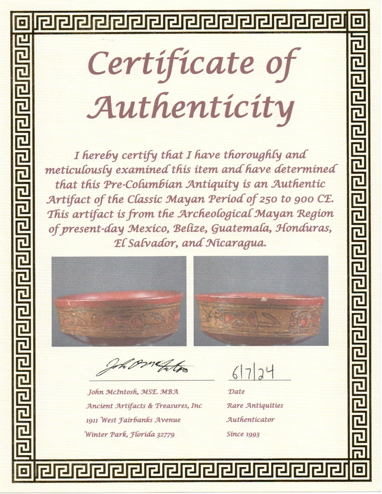 Authentic Pre Columbian Artifact Decorated Mayan Bowl 250 900 AD Yucatan COA T1