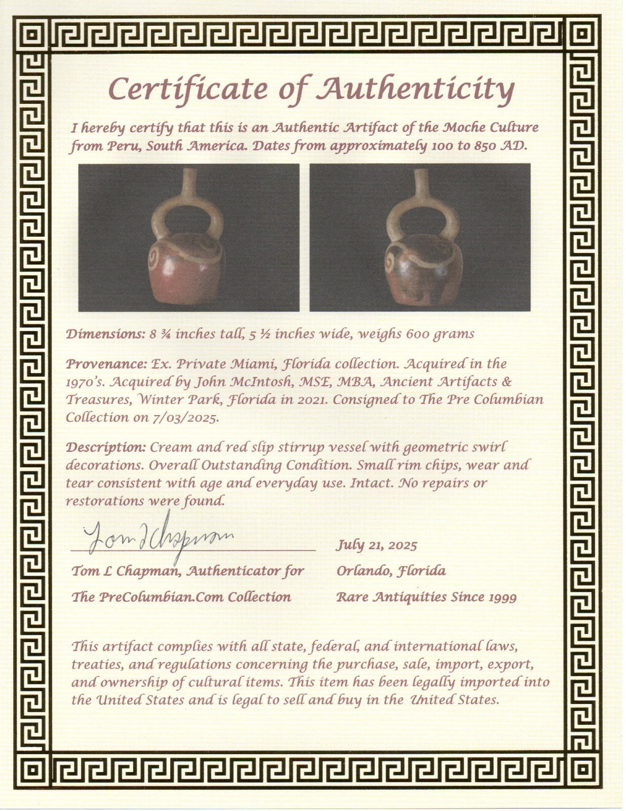 Pre Columbian Authentic Artifact Stirrup Vessel Moche Peru 100-850 AD COA J05