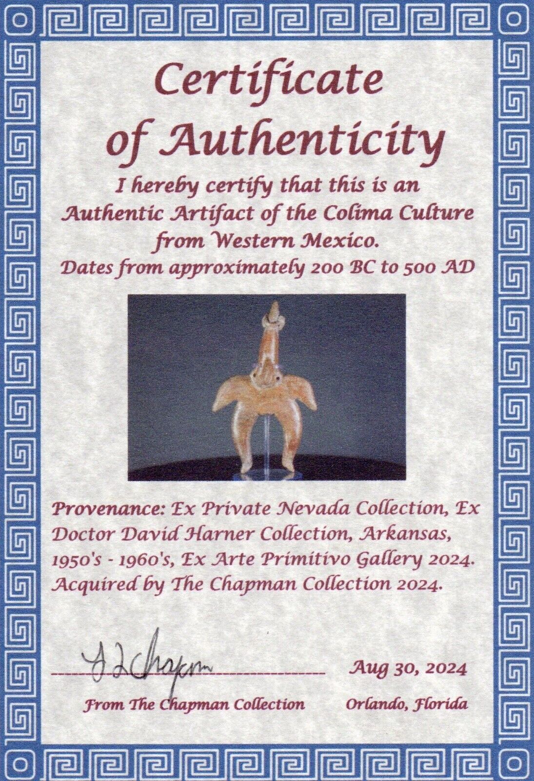 Authentic Pre Columbian Artifact Tomb Figure Colima Ex Arte Primitivo COA T32