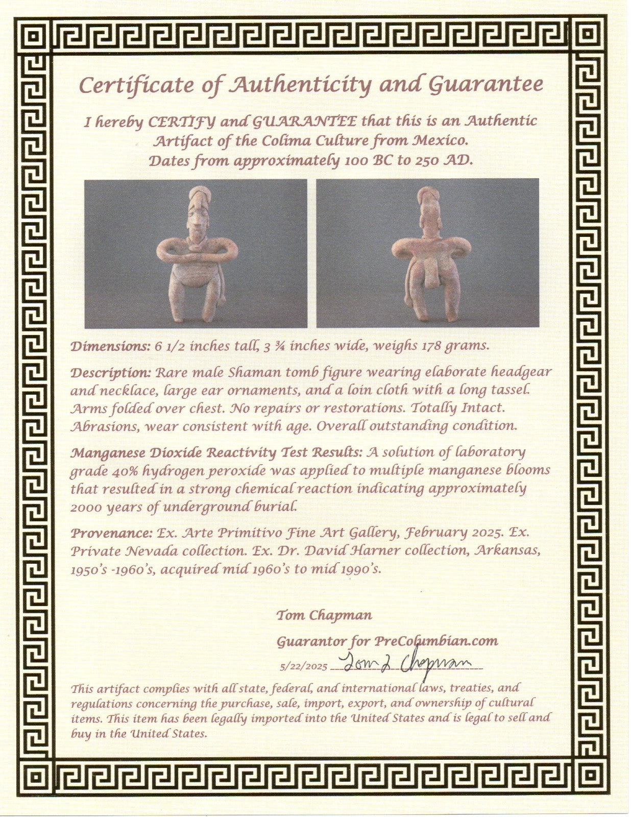 Pre Columbian Authentic Artifact Male Shaman Tomb Figure Colima Mexico COA 200